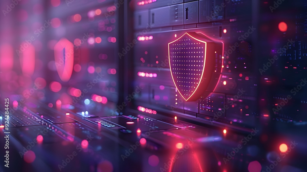Poster glowing shield icon on a server rack represents cybersecurity protection and data security in a digi