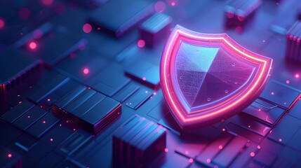 Glowing shield icon on a digital abstract background representing cybersecurity and data protection technology.
