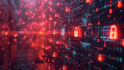 Fototapeta premium A breathtaking visualization of a digital security framework, adorned with vibrant red padlocks, set against a matrix of glowing data streams, representing modern cybersecurity.