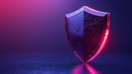 Glowing shield icon representing security and protection, illuminated by neon lights in a dark abstract background.