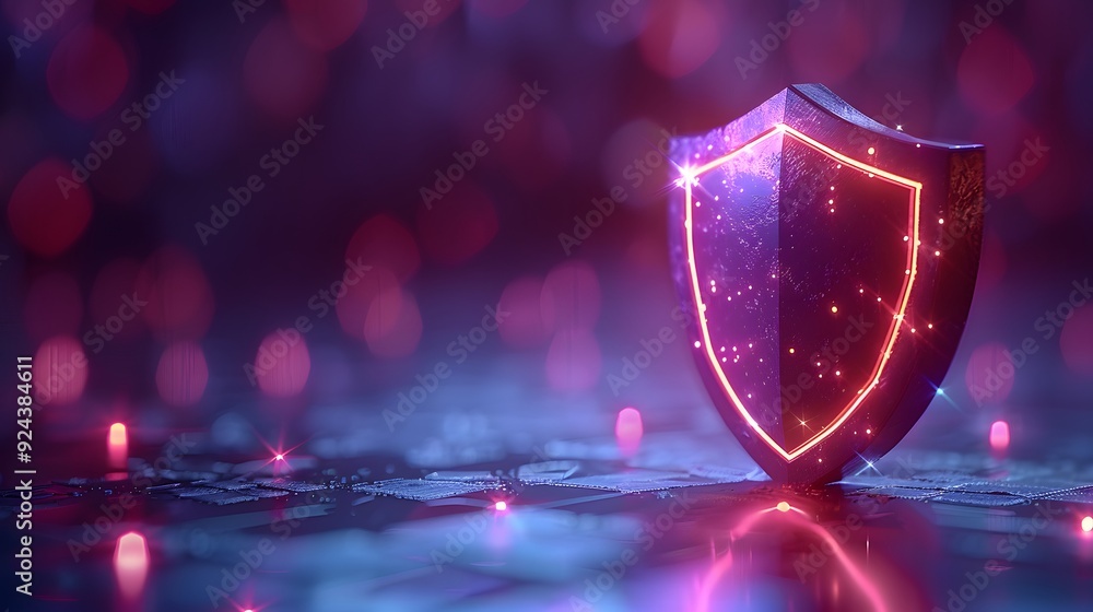 Poster glowing shield representing cybersecurity and data protection in a digital environment with neon lig