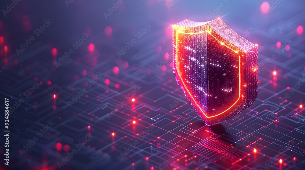 Poster glowing shield representing cybersecurity and data protection amidst a digital network. concept of o