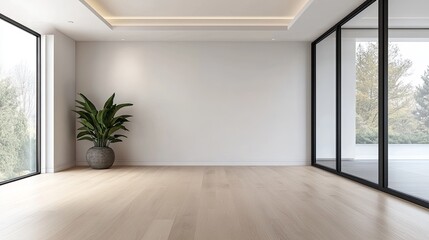 Fototapeta premium semi close-up of a spacious empty room with wooden flooring and large windows, natural light flooding the space, minimalistic decor with neutral tones and a single decorative vase, focus on open