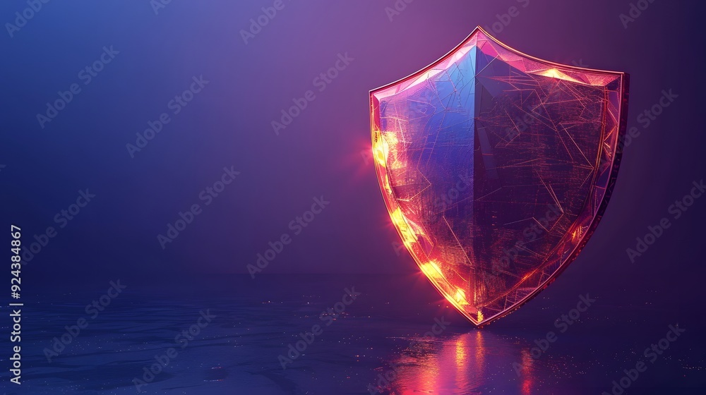 Poster glowing shield with a technological design on a dark background, symbolizing cyber security and digi
