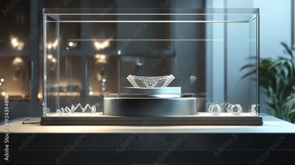 Wall mural a modern glass display case showcasing a silver sculpture on a rotating platform. the display is ill