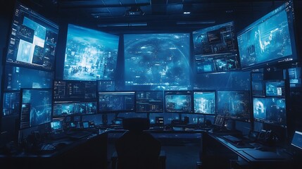 A Futuristic Security Room with Multiple Monitors