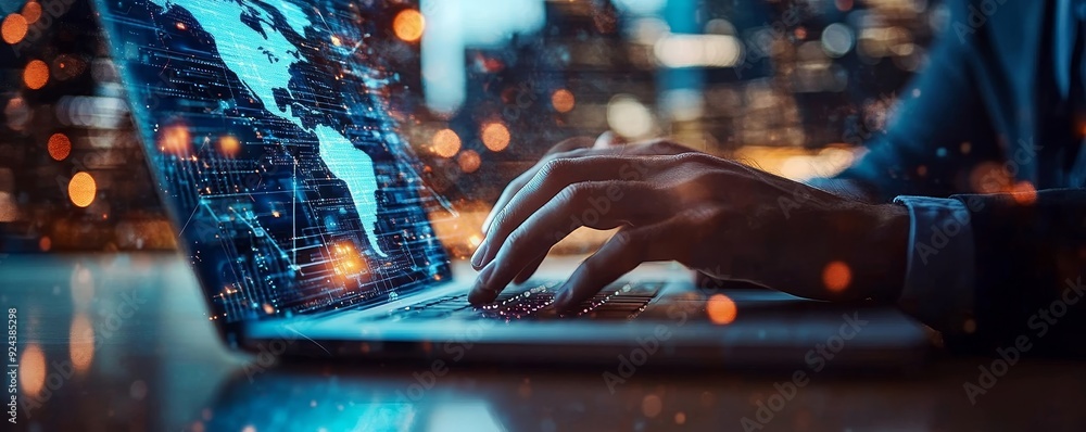Poster business intelligence, businessman using laptop computer with global network connection, data exchan