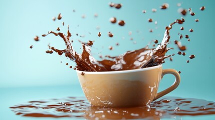 A splash of chocolate in a coffee cup, with droplets flying in the air, creating a dynamic and visually appealing image.