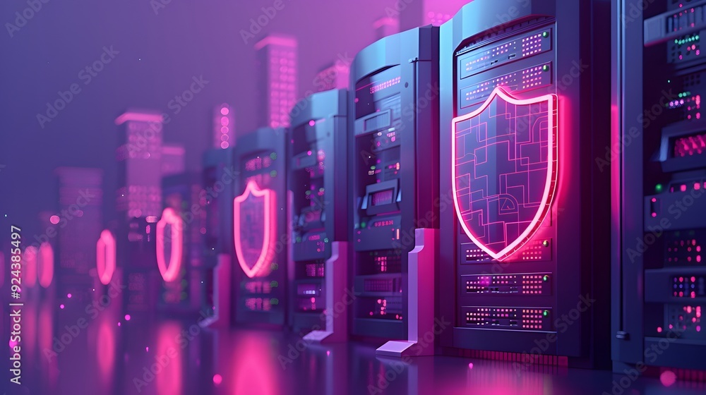 Poster modern data center server racks with glowing shield icons, representing cybersecurity protection and