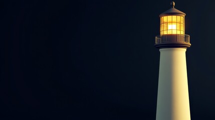 A white lighthouse with a glowing light against a dark night sky.  The lighthouse stands tall and proud, a beacon of hope and guidance.