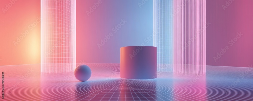 Poster abstract background with a cylinder and sphere in a neon light.