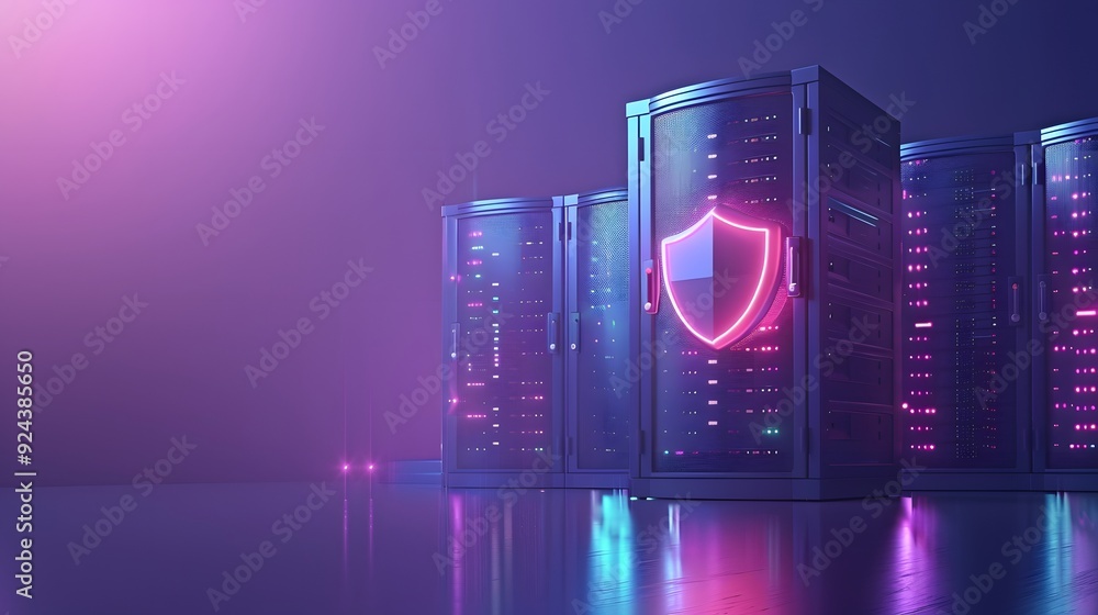 Poster modern server racks with glowing security shield icon in neon lighting. concept of data protection a