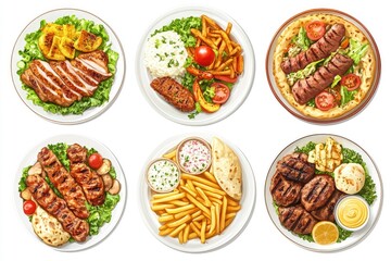 Set of various plates of food, top view, isolated on white background. with generative ai