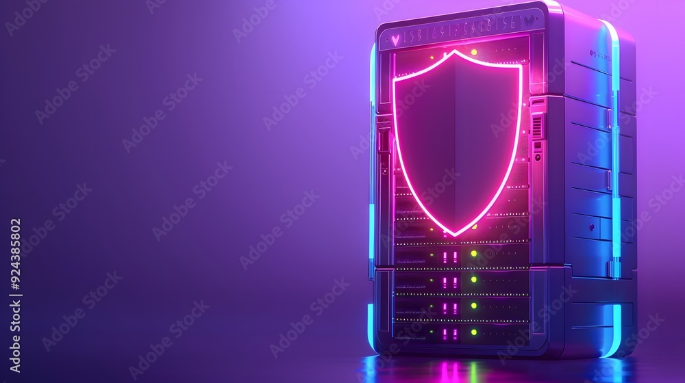 Aufkleber neon glowing shield on a server symbolizing cybersecurity and data protection in a modern technology