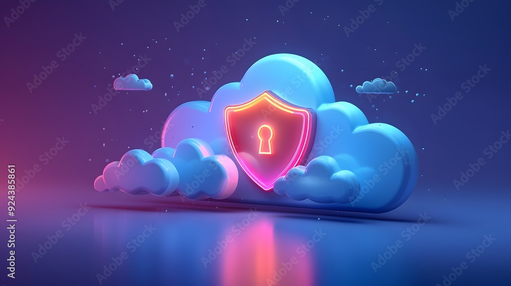 Poster neon shield and keyhole in a blue cloud, symbolizing cloud security and data protection in a futuris