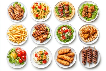 Set of various plates of food, top view, isolated on white background. with generative ai