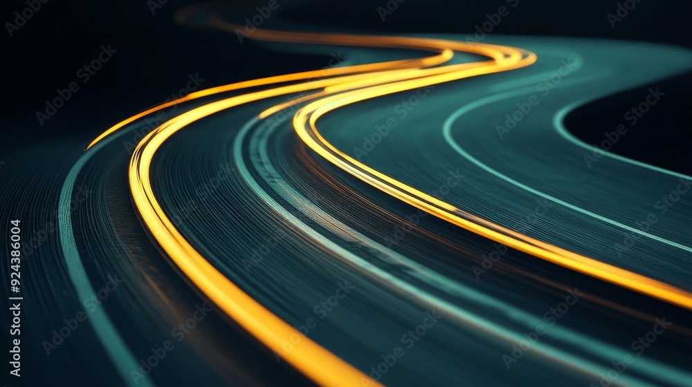 Poster abstract image of glowing yellow lines winding through a dark blue background. the lines create a se