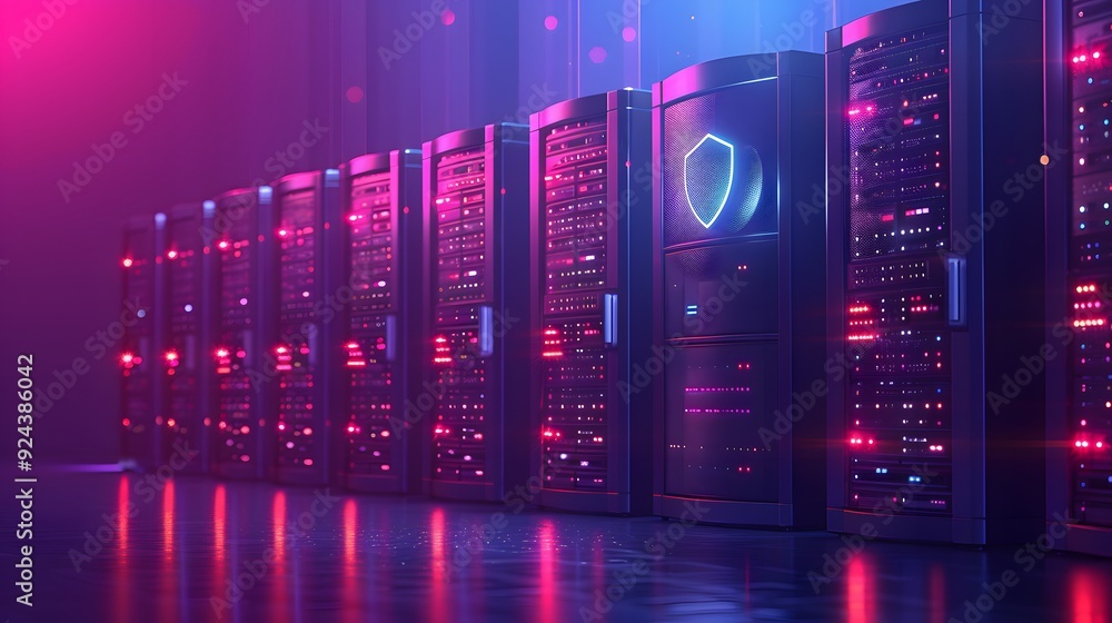 Aufkleber neon-lit server racks in data center with shield icon, showcasing cybersecurity and futuristic techn