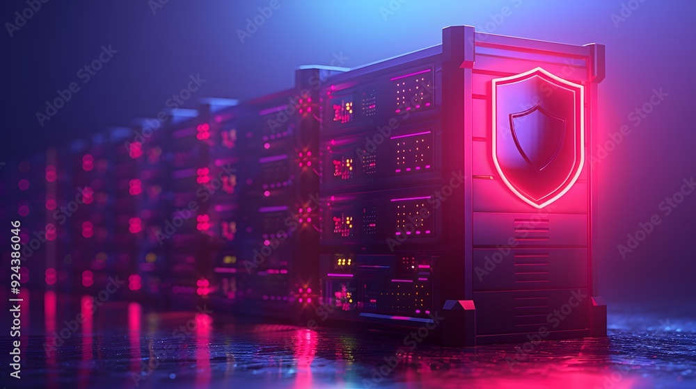 Poster neon-lit server racks with security shield, highlighting data protection and advanced technology in 