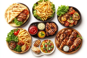 Set of various plates of food, top view, isolated on white background. with generative ai