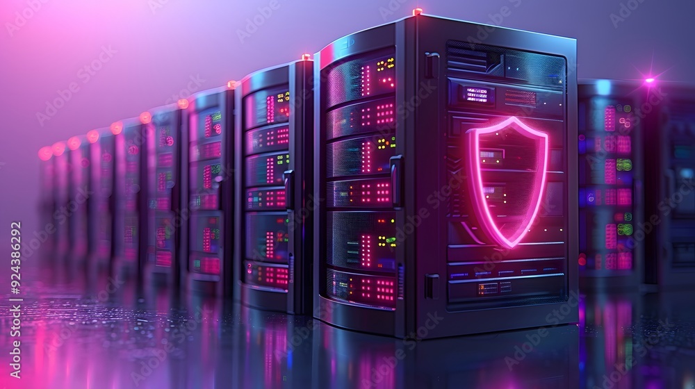 Poster row of powerful servers illuminated by neon lighting with a glowing shield symbol, representing secu