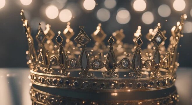 Queen King's gold crown on the table, simple background