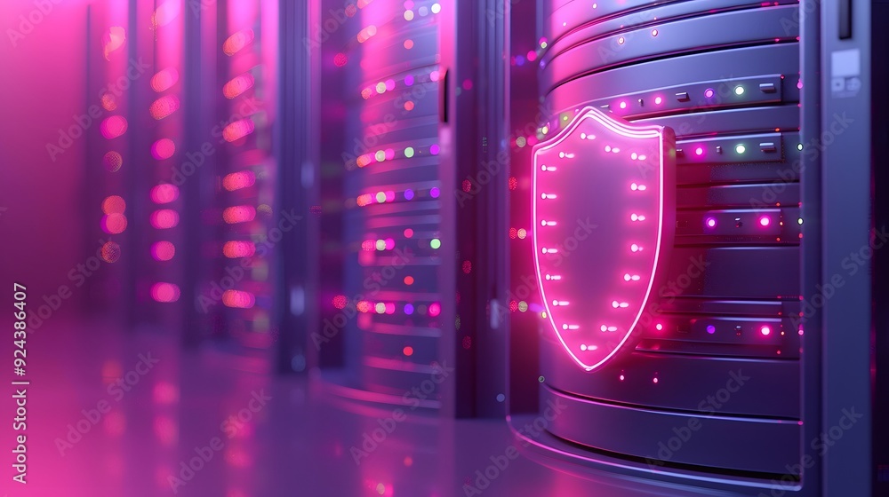 Aufkleber secure data server room with glowing pink shield icon, representing data protection and cybersecurit