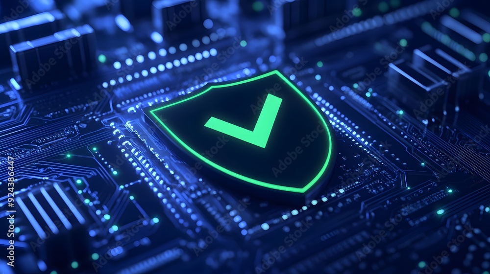 Poster secure digital technology concept with a glowing shield icon on a circuit board, representing cyber 