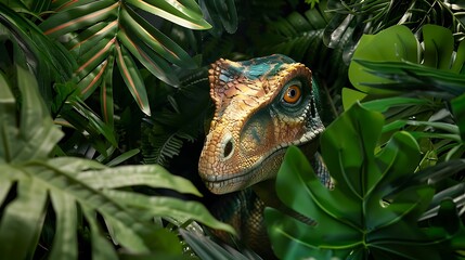 A vibrant lifelike model of a dino peeps out from a tropical scene encircled by thick plants