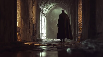 A cloaked figure walks down a long, decaying hallway, bathed in ethereal light. The air feels heavy with mystery.