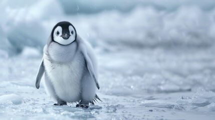 Adorable Penguin Chick Standing on Ice.