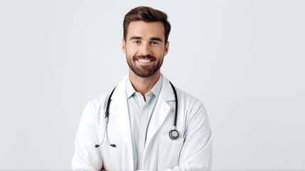 Fototapeta premium Bright and cheerful young doctor in a white coat, smiling and looking directly at the camera with a white background,on white background ,generative ai