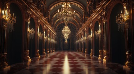 Obraz premium A grand, opulent hallway with ornate chandeliers and gleaming marble floors. The warm glow of the lights creates an atmosphere of grandeur.