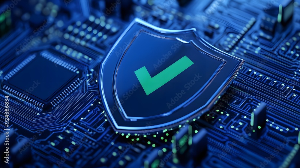 Poster shield with green check mark on a blue circuit board, symbolizing cybersecurity and data protection 