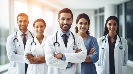 Fototapeta premium Confident group of doctors with arms crossed, smiling and standing in a hospital environment,generative ai