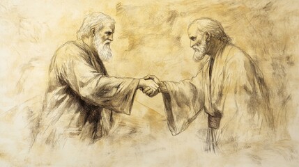 Fototapeta premium Numbers: Biblical Illustration Featuring Handshake After Restitution, Beige Background, Perfect for Faith-Based Educational Materials and Reconciliation Studies