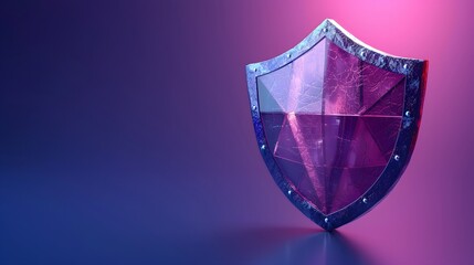 Shiny pink and blue geometric shield glowing with a vibrant light effect, symbolizing protection, security, and safety in a futuristic design.