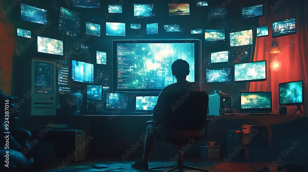Poster hacker in a room filled with screens