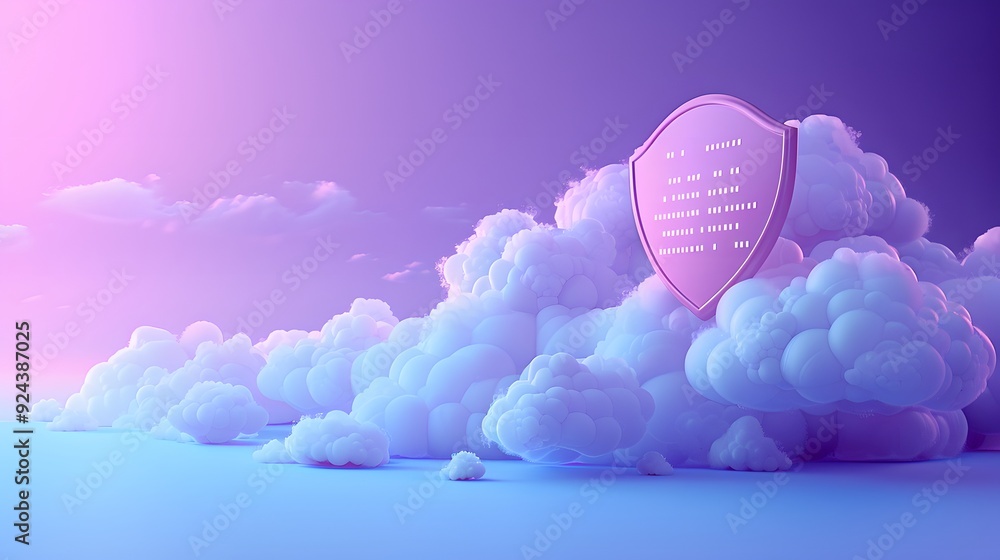 Poster surreal image of a pink shield embedded in fluffy clouds, set against a gradient purple sky, creatin