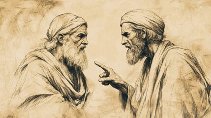 Fototapeta premium Numbers: Biblical Illustration Featuring Joshua and Caleb Arguing Against Fear, Beige Background, Perfect for Faith-Based Educational Materials and Leadership Studies