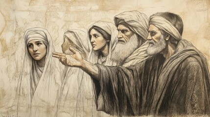 Fototapeta premium Numbers Biblical Illustration, Moses Instructing Daughters on Inheritance, Beige Background, Perfect for Faith-Based Content