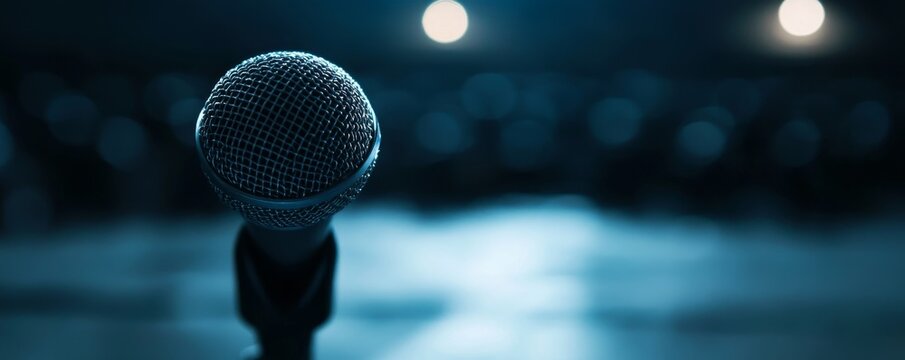 A single microphone on a stage with a blurred background of an audience.
