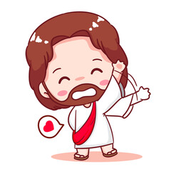 Cute Jesus Waving Hand Cartoon Vector. Christianity Religion Concept Design. Adorable Chibi Jesus Christ Character Illustration. Isolated White Background.