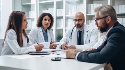 Fototapeta premium Medical team in a clinic collaborating and communicating during a meeting, including a doctor,generative ai