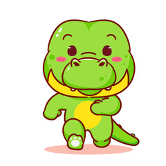 Cute Crocodile running cartoon character. Adorable kawaii animals sport concept design. Hand drawn style vector illustration. Isolated white background.