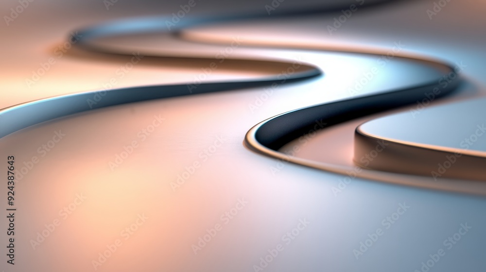 Poster abstract metallic curves create a flowing, dynamic pattern on a light, blurred background.
