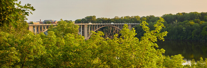 Panoramic image of bridge going over the Mississippi River between Minneapolis and St Paul Minnesota USA