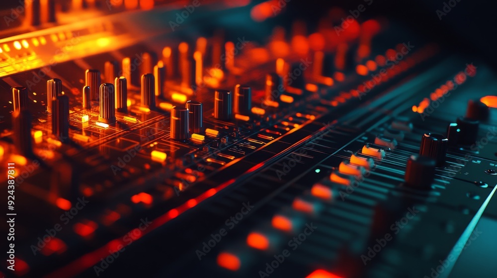 Poster close-up of a soundboard with illuminated buttons and sliders. the red lights create a vibrant, abst