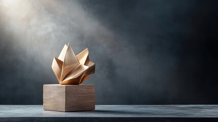 Golden geometric sculpture with dramatic shadows in chiaroscuro lighting.