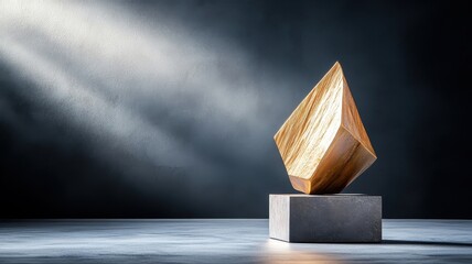 Golden geometric sculpture with dramatic shadows in chiaroscuro lighting.